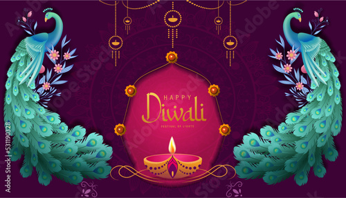 Happy Diwali Poster with Diya Lamp and Peacock Vector Illustration. Indian festival of lights Design. Suitable for Greeting Card, Banner, Flyer, Template. 