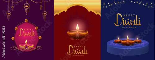Happy Diwali Poster with Diya Lamp and Peacock Vector Illustration. Indian festival of lights Design. Suitable for Greeting Card, Banner, Flyer, Template. 