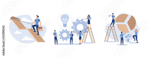 businessman fussing over the rope flies up an arrow, teamwork on finding new ideas, little people as puzzles collect infographics, set flat vector modern illustration