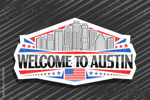 Vector logo for Austin, white decorative sign with line illustration of famous contemporary austin city scape on day sky background, art design refrigerator magnet with black words welcome to austin photo