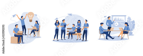 working together in the company, search friends, workers are sitting at the negotiating table, set flat vector modern illustration