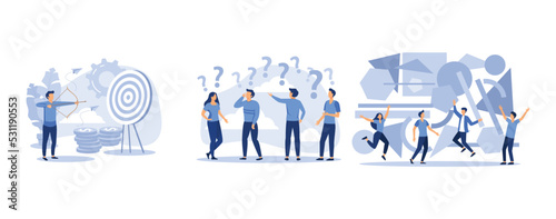 A team of people assemble an abstract geometric puzzle, people frequently asked questions around question marks, businessman archer aiming at a target, set flat vector modern illustration