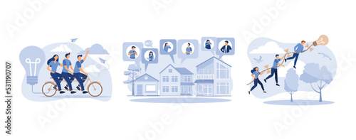 company of people holding a thread from a paper airplane light bulb, people go team N bike to their goal, emergency call, set flat vector modern illustration