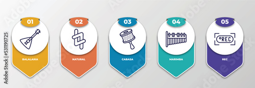 infographic template with thin line icons. infographic for music and media concept. included balalaika, natural, cabasa, marimba, rec editable vector.