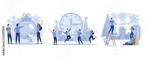 small people are preparing for the new year, are engaged in decoration, corporate in the office at work, set flat vector modern illustration