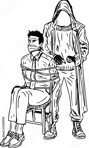 Kidnapped man with kidnapper vector illustration, tied up hostage businessman sitting at the chair sketch drawing, Cartoon doodle of hostage gagged and tied to a chair