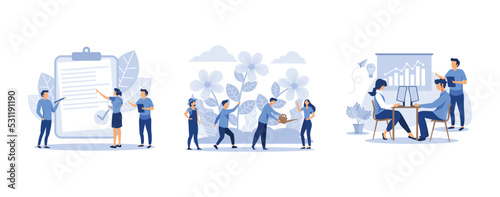 little people fill out a form, growing and studying plants in nature, analytics of company information, set flat vector modern illustration