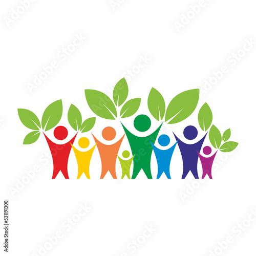 Vector illustration of a group of people together with green leaves in their hands.