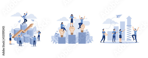 teamwork on performance, business concept analysis, prepare the launch of a business project, set flat vector modern illustration