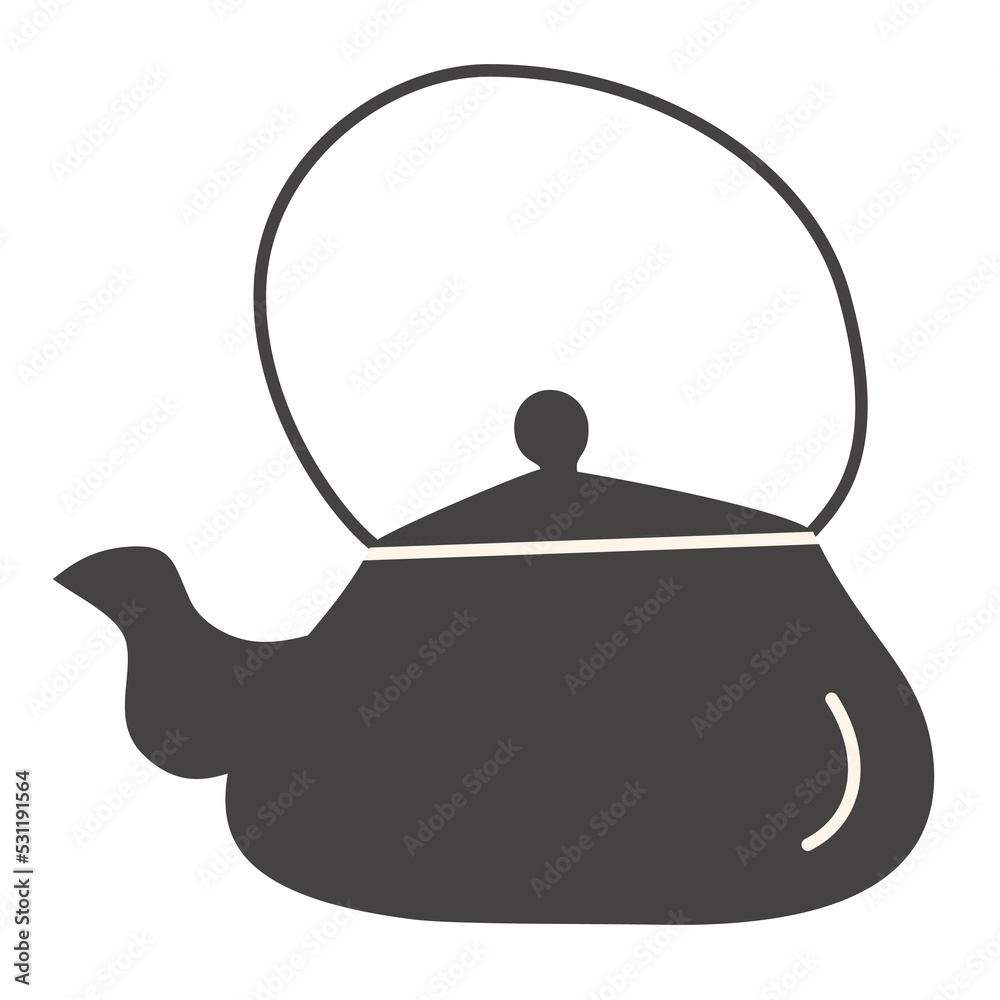 Black teapot doodle icon, Japanese ceramic teapot with bamboo handle, tea ceremony, meditation and relaxation, vector illustration, isolated colored clipart on white background