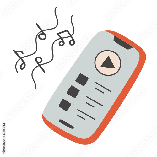 Cell phone with music platform, doodle icon of playlist in smartphone, vector illustration of phone with music player, isolated colored clipart on white background