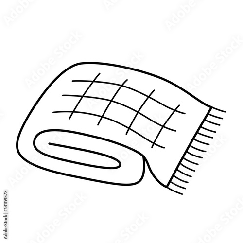 Woolen blanket icon, doodle illustration of folded towel or blanket, cozy home concept, hygge item vector icon, isolated outline clipart on white background
