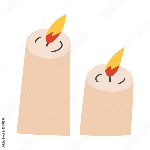 Two candles doodle hand drawn icons, vector illustration of lit pillar candles for home decoration, relaxation, hygge concept, isolated colored clipart on white background
