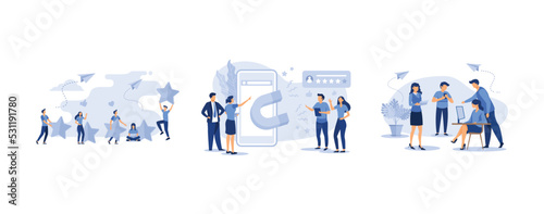 the score of five points, a big magnet attracts likes, social networking, set flat vector modern illustration