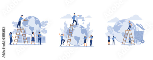 saving the planet, save energy and water, an employee engaged in recycling garbage, set flat vector modern illustration