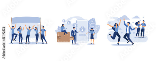 Men and women take part in political rallies, parades or rallies, non-cash payment transactions, holiday Valentine's Day, set flat vector modern illustration