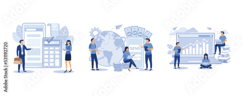 people pay bills via terminal, online money transfer, employees study infographics, set flat vector modern illustration