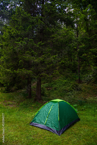 Tourist green tent on the background of forest in the foreground green grass. Camping and tent under the trees forest. Tourism concept
