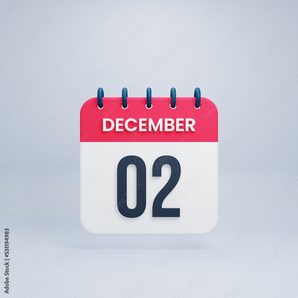 December Realistic Calendar Icon 3D Rendered Date December 02 December Realistic Calendar Icon 3D Rendered Date December 02
