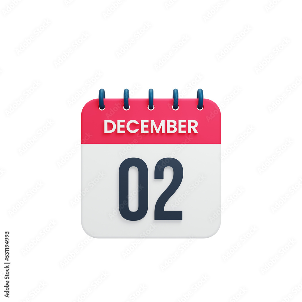 December Realistic Calendar Icon 3D Rendered Date December 02 December Realistic Calendar Icon 3D Rendered Date December 02