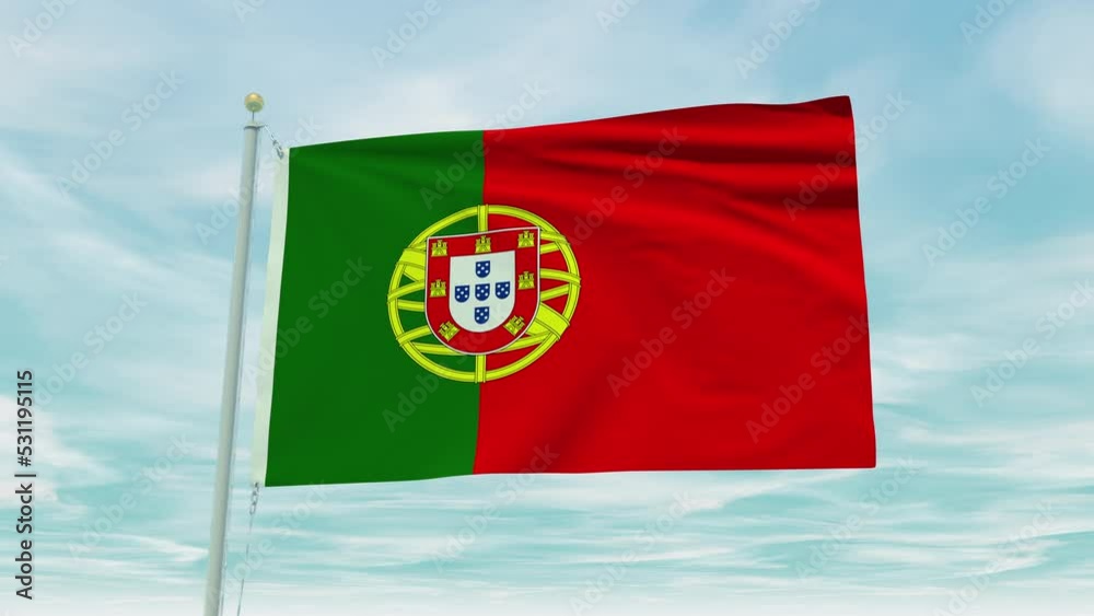 Seamless loop animation of the Portugal flag on a blue sky background. Seamless loop animation of the Portugal flag on a blue sky background.