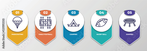 infographic template with thin line icons. infographic for free time concept. included parachuting, table football, camping, rugby ball, jumping editable vector.