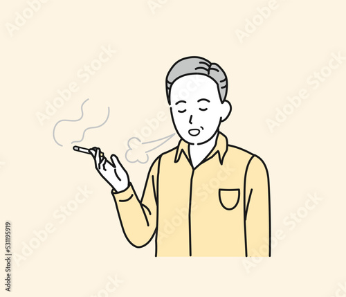 タバコを吸う中年の男性　喫煙　一服　休憩　イラスト
