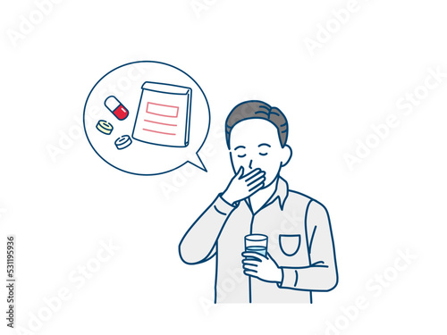 薬を飲む中年の男性　服薬　服用　処方箋　イラスト