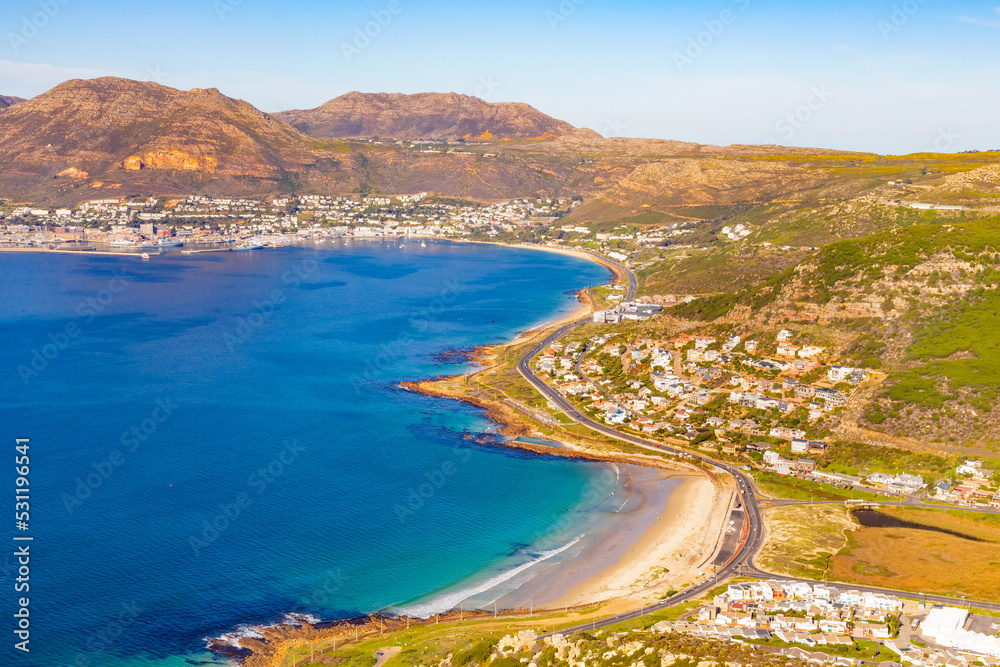 Elevated view of Glencairn beach and Simon's Town in Cape Town. Elevated view of Glencairn beach and Simon's Town in Cape Town.
