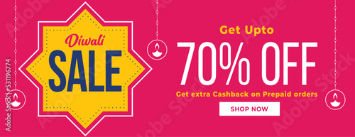 happy diwali sale banner with discount details in pink background