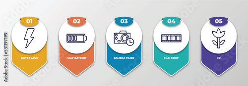 infographic template with thin line icons. infographic for electronic stuff fill concept. included blitz flash, half battery, camera timer, film strip, ro editable vector.