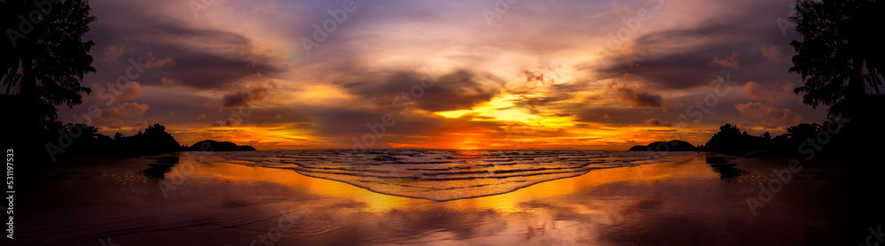 Panorama Beautiful sunset over the sea.sky on twilight time and reflection on the sea for travel in holiday relax time,Asia landscape concept.