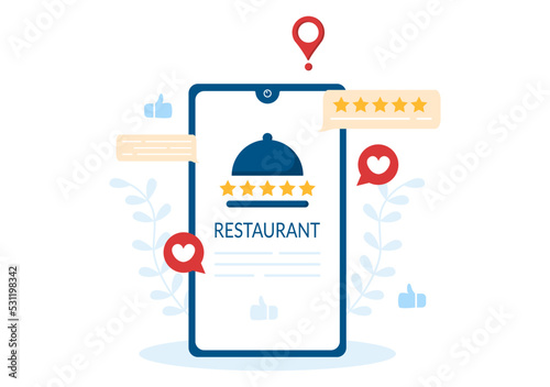 Restaurant Rating Review Template Hand Drawn Cartoon Flat Illustration with Customer Feedback, Rate Star, Expert Opinion and Online Survey