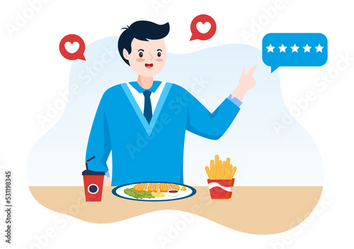 Restaurant Rating Review Template Hand Drawn Cartoon Flat Illustration with Customer Feedback, Rate Star, Expert Opinion and Online Survey