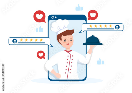 Restaurant Rating Review Template Hand Drawn Cartoon Flat Illustration with Customer Feedback, Rate Star, Expert Opinion and Online Survey