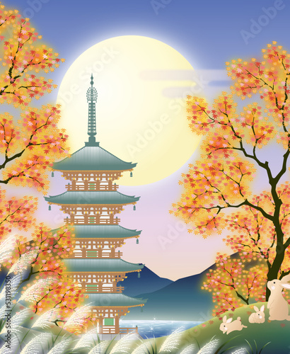 紅葉　モミジ　満月　五重塔　うさぎ
