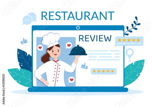 Restaurant Rating Review Template Hand Drawn Cartoon Flat Illustration with Customer Feedback, Rate Star, Expert Opinion and Online Survey