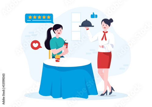 Restaurant Rating Review Template Hand Drawn Cartoon Flat Illustration with Customer Feedback, Rate Star, Expert Opinion and Online Survey