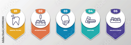 infographic template with thin line icons. infographic for dentist concept. included dental filling, interproximal, oral, denture, malocclusion editable vector.