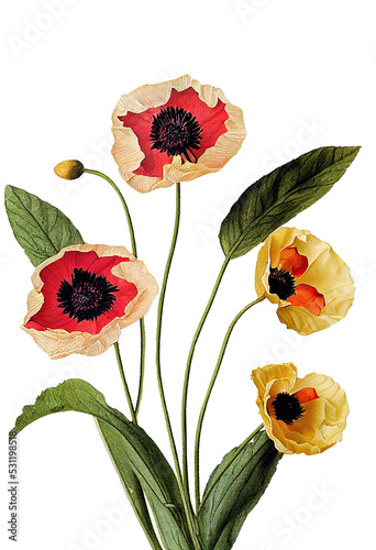 Flowers poppy watercolor illustration. White background isolated