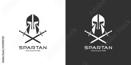 Head spartan logo vector design with sword.