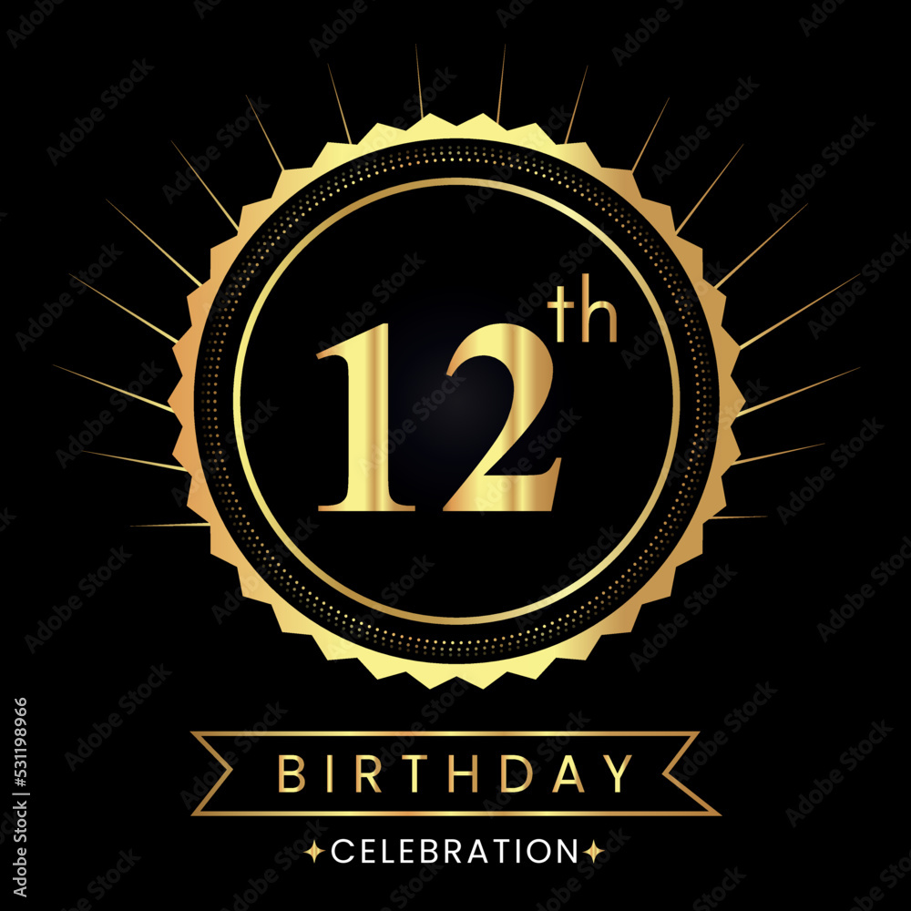 Naklejka premium Happy 12th birthday with gold badges isolated on black background. Premium design for poster, banner, birthday card, greeting card, birthday celebrations, invitation card, congratulations.