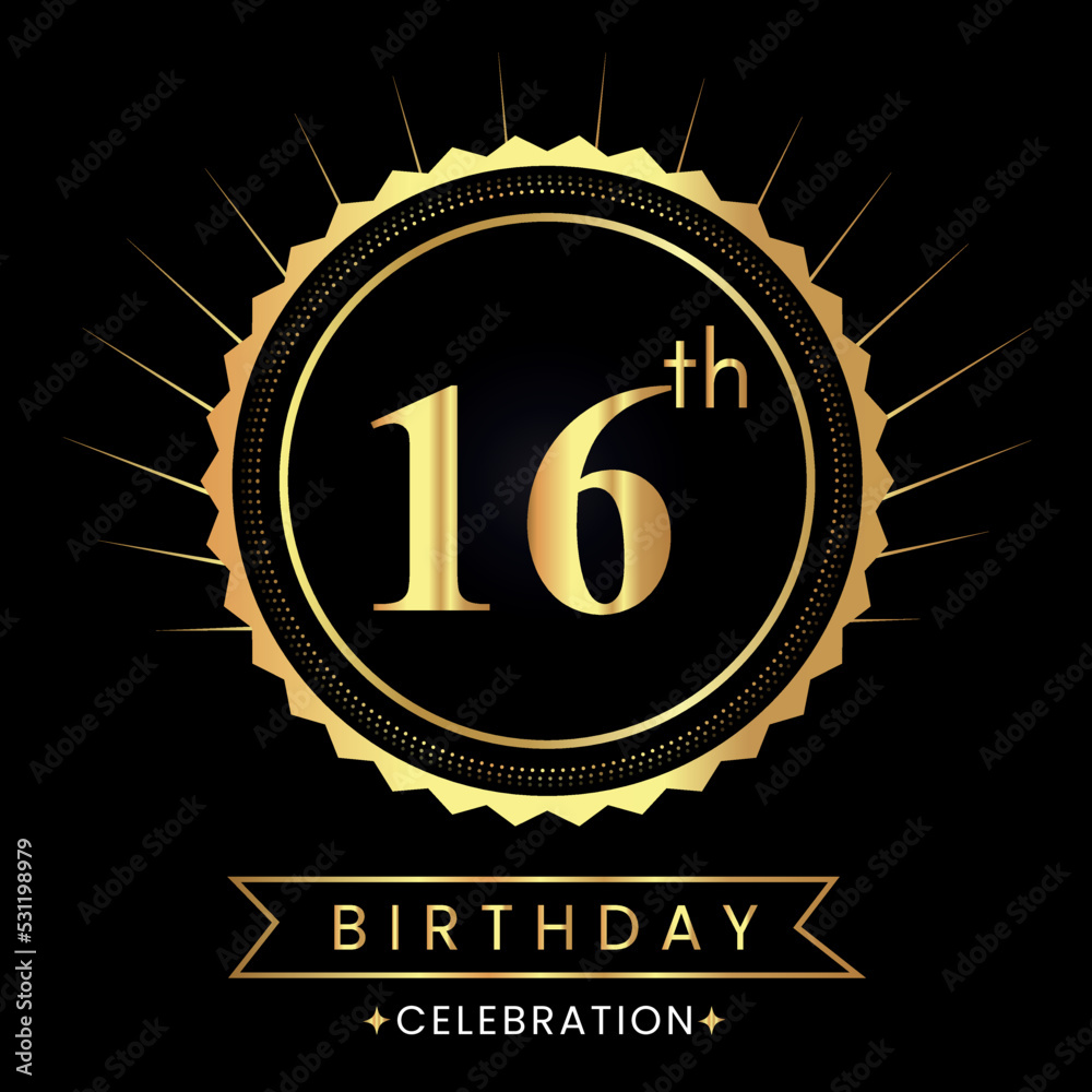 Happy 16th birthday with gold badges isolated on black background.  Premium design for poster, banner, birthday card, greeting card, birthday celebrations, invitation card, congratulations.