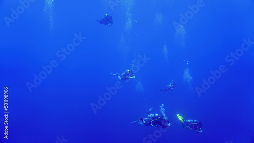 Underwater photo of scuba divers looking for hammerhead sharks. From a scuba dive in the Red sea in Egypt.