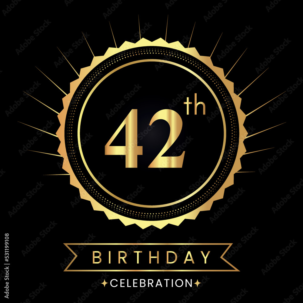 Naklejka premium Happy 42th birthday with gold badges isolated on black background. Premium design for poster, banner, birthday card, greeting card, birthday celebrations, invitation card, congratulations.