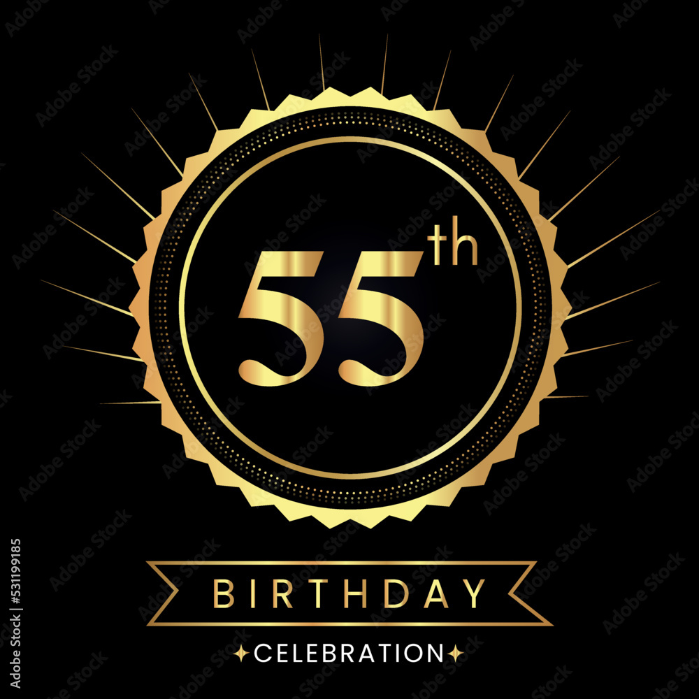 Fototapeta premium Happy 55th birthday with gold badges isolated on black background. Premium design for poster, banner, birthday card, greeting card, birthday celebrations, invitation card, congratulations.