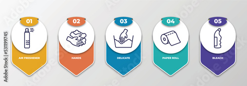 infographic template with thin line icons. infographic for cleaning concept. included air freshener, hands, delicate, paper roll, bleach editable vector.