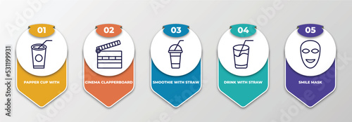 infographic template with thin line icons. infographic for cinema concept. included papper cup with straw, cinema clapperboard, smoothie with straw, drink straw, smile mask editable vector.