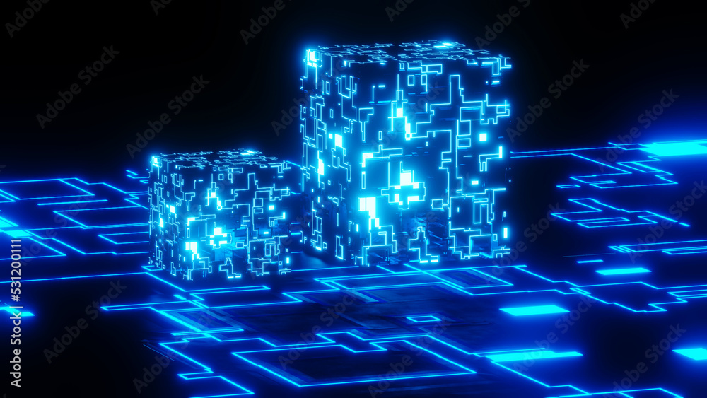 Abstract technology background, 3D neon glowing lines, printed circuit boards pattern. modern science 3d render illustration. Abstract technology background, 3D neon glowing lines, printed circuit boards pattern. modern science 3d render illustration.