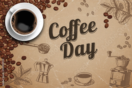 Black coffee ads with retro style illustration realistic 3D in top view with brown and doodle coffee ornament background.